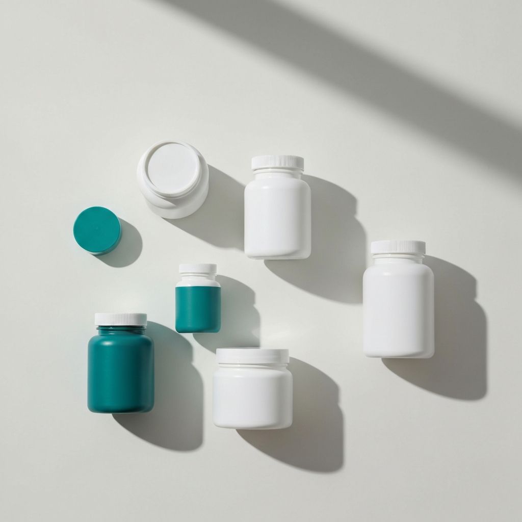 Collection of supplement bottles and containers organized neatly on neutral background