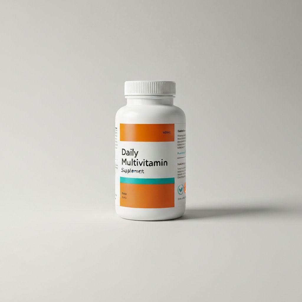 Daily multivitamin supplement bottle in white and orange packaging
