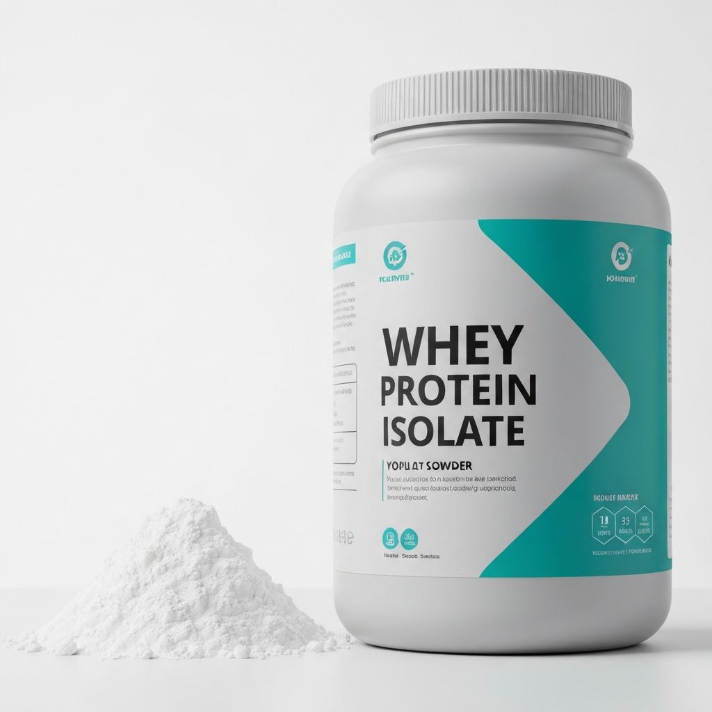 Whey protein isolate powder in light gray container