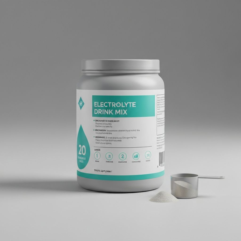 Electrolyte drink mix powder in canister with measuring scoop